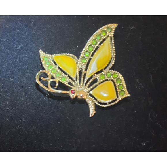 Butterfly Vintage Brooch Gold Tone Green Rhinestones  Yellow Enamel AS IS - Picture 4 of 8